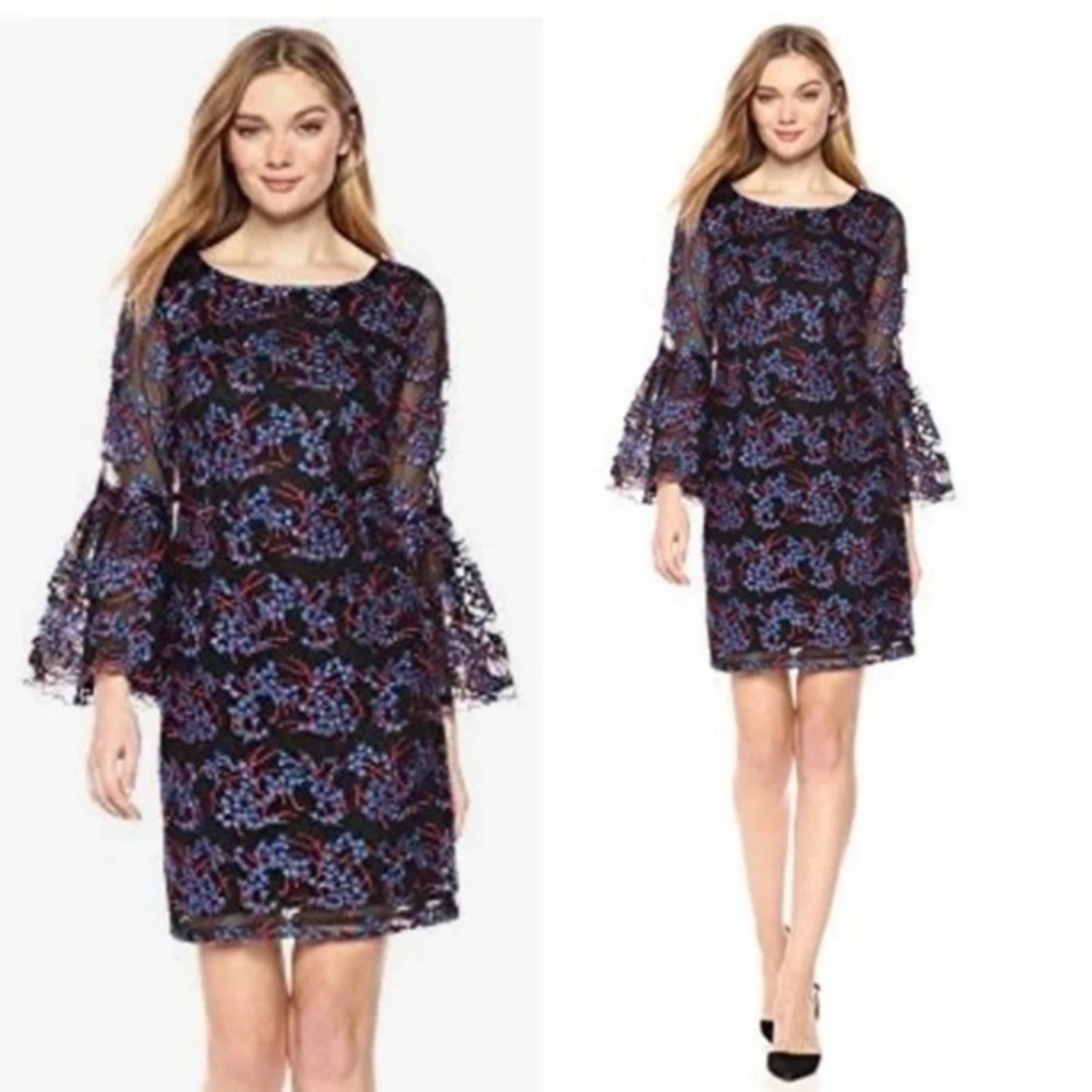 Nicole Miller Embroidered Tulle Floral Bell Sleeve party cocktail Black Dress 12